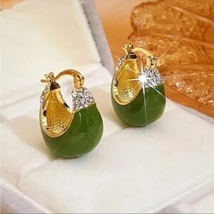 Green Teardrop Stone Hoop Earrings Gold Tone Crystal Accent Statement NWT​